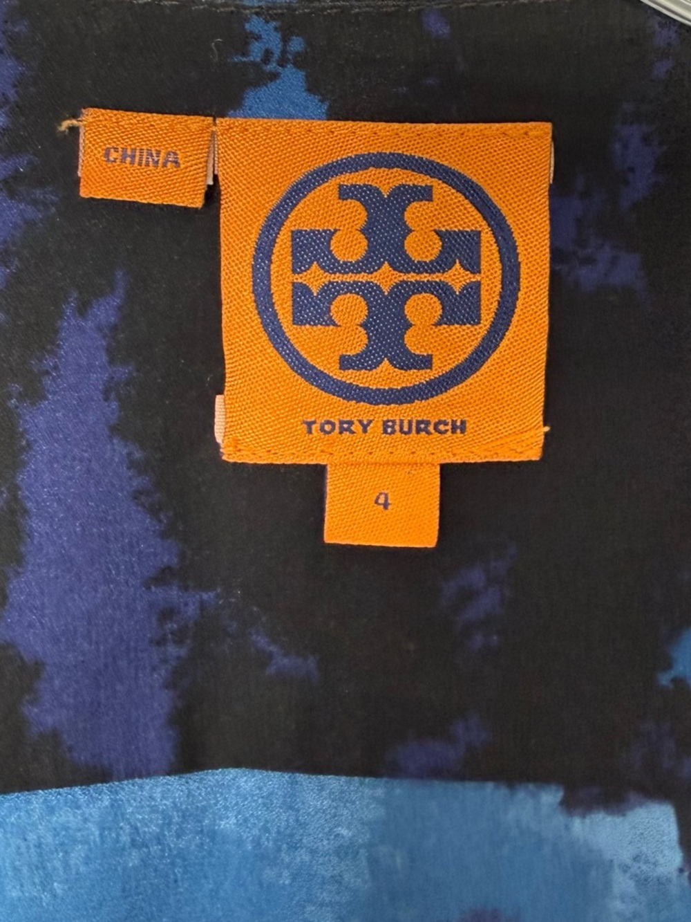 TORY BURCH | Watercolor Silk Draped Blue Abstract Print Long-Sleeve Top Sz. 4 - Picture 3 of 4
